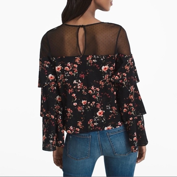 White House Black Market Floral Blouse w/ Mesh Shoulders & Tiered Sleeves Small - Picture 3 of 12